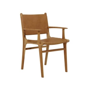Silla de Comedor Moderna de Madera de Teca Sólida con Cuero Genuino Marrón Natural, Certificación FLEGT, para Apartamento, Hogar, Bar, Almacén - Product Image 1