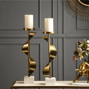 Juego de Candelabros Espirales Dorados, Decoración Metálica para el Hogar, Base de Mármol, Diseño Moderno - Product Image 3