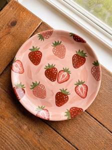 Round <b>Ceramic</b> <b>Plate</b> With Strawberry Pattern Handpainted Flat Dish Cute Design Green Checkered Background - Product Image 6