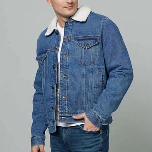 Veste en jean bleue pour homme, coupe classique, col rabattu, doublure en fausse fourrure, style décontracté pour l'automne, fermeture à boutons simple - Product Image 1