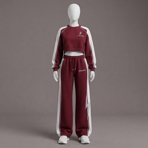 Ensemble survêtement décontracté pour femme, couleur bordeaux et blanc, sweat-shirt court et pantalon large, streetwear, sportswear, étiquette privée personnalisée - Product Image 2
