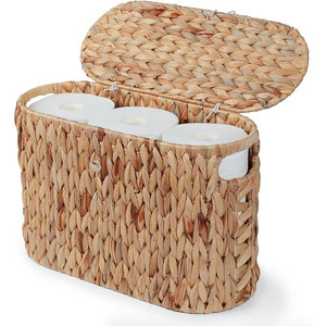 Panier à rouleaux de papier toilette ovale en jacinthe d'eau, support de rangement tressé durable avec couvercle à charnière, organisateur de salle de bain naturel, vente en gros B2B - Product Image 1