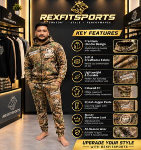 ชุดวอร์มลายพรางสำหรับผู้ชาย REXFIT SPORTS พร้อมงานปักแบบดิสเทรส พิมพ์ลายสกรีน เสื้อฮู้ดดี้และกางเกงจ็อกเกอร์แบบสปอร์ต - Product Image 6