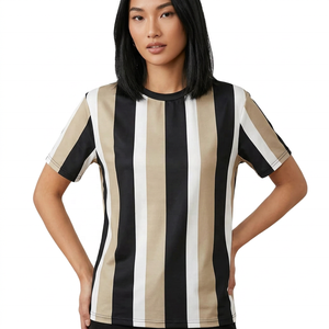T-shirt à manches courtes rayé pour homme, col rond, coupe classique, tissu tissé, noir, blanc, beige, motif imprimé - Product Image 2