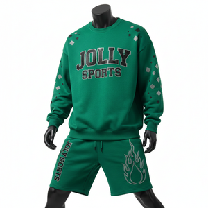 Conjunto de Sudadera y Pantalones Cortos de Felpa de Algodón Grueso GSM para Hombre, con Logotipo de Diamantes de Imitación Verdes, Estilo Urbano Personalizado - Product Image 6