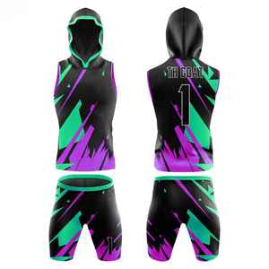 Ensemble de maillots sans manches à capuche personnalisés sublimés 7V7, imprimé géométrique violet, séchage rapide, ajusté pour adultes - Product Image 3