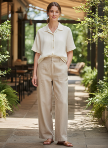 Chemises d'été élégantes pour femmes, 100% coton, écologiques, jersey uni lavé, col en U, 180g, respirantes, séchage rapide, décontractées, boutonnées - Product Image 4