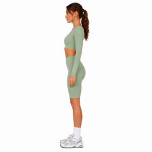 Women Square Neck Crop Top Knee Length Leggings <b>Two</b> <b>Piece</b> <b>Set</b> Yoga Wear Compression 2 <b>Piece</b> High Waist Legging long Sleeve Top - Product Image 5