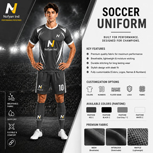 ชุดเสื้อฟุตบอลผู้ชาย OEM Nofyan สีดำ ขาว ทอง แบบซับลิเมชั่น โพลีเอสเตอร์ 100% แขนสั้น สำหรับผู้ใหญ่ ระบายเหงื่อได้ดี - Product Image 5