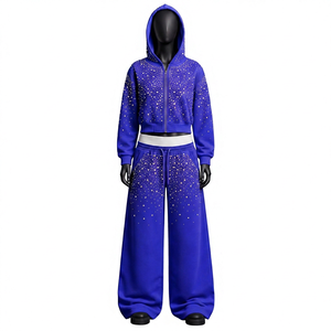 <b>Women's</b> Rhinestone Embellished Casual Solid Cropped Zip Hoodie <b>Baggy</b> Sweatpants 2-Piece <b>Jogger</b> Set 100% Cotton Fleece Loose Fit - Product Image 3