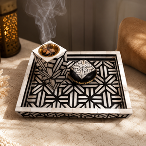 Contemporary Bone Inlay <b>Bakhoor</b> Burner Set with Wooden Tray Geometric Resin Arabic Incense Burner <b>Oud</b> Burner Home Decor Eid Gift - Product Image 6
