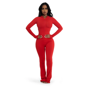 Combinaison moulante rouge à capuche pour femme, manches longues, taille haute, fermeture éclair, effet ventre plat, tenue de club, couleur unie, longueur intégrale - Product Image 6