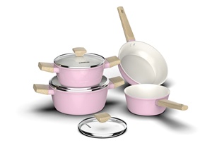 Juego de ollas SUNHOUSE de cerámica rosa antiadherente con base de acero inoxidable, tapas de vidrio y mangos de madera para cocinas de gas e inducción - Product Image 1