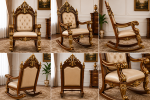 Sillón mecedora de madera de lujo estilo Maharaja antiguo, sillón con respaldo capitoné, juego de sillones decorativos marrones premium para sala de estar - Product Image 2