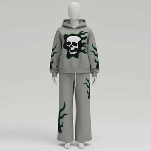 Ensemble de survêtement Y2K pour homme entièrement personnalisé, en molleton épais gris, avec broderie tête de mort et flammes, pantalon évasé, style streetwear, OEM ODM - Product Image 6