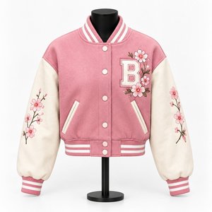 <b>Women</b>’s Pink Cropped Varsity <b>Jacket</b> With Floral Embroidery Letterman Bomber <b>Jacket</b> Custom Streetwear - Product Image 1
