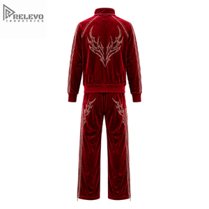 Custom Rhinestone Decor Velvet Lightweight <b>Tracksuit</b> High Quality Full Zip Jacket Wide Leg <b>Velour</b> Sweatpants Adults Solid Front - Product Image 2