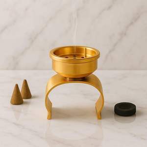 Modern Gold Metal Bakhoor Burner Contemporary Minimalist Oud Censer with U-Shaped Stand for Resin and Incense Cones - Product Image 1