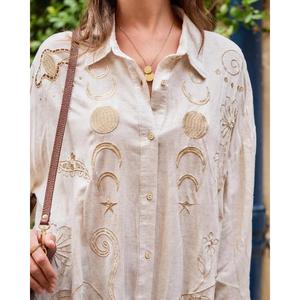Relaxed Oversized Shirt Button-<b>down</b> Front Breathable Premium Viscose Hand Embroidered Gold Night Sky Gentle High-low Hem - Product Image 2