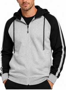 Sweat à capuche tricoté en molleton bicolore 300g pour homme, avec fermeture éclair, blocs de couleur, poches et cordon de serrage, style décontracté et sportif, écoresponsable - Product Image 5
