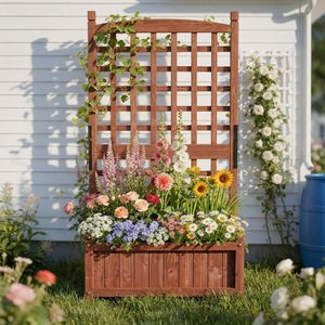Fioriera in Legno Alta 50 Pollici con Traliccio, Vaso Rialzato da Giardino Autoportante con Fori di Drenaggio e Ruote - Forniture per Giardino - Product Image 3