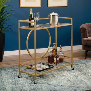 Modern Iron Bar <b>Trolley</b> with Gold Finish Frame and Glass Shelves Rolling <b>Serving</b> Cart Home Kitchen Dining Room Beverage Storage - Product Image 1
