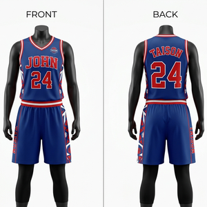 Uniforme de Baloncesto Femenino, Poliéster GSM Transpirable, Malla Azul y Roja, Conjunto de Jersey sin Mangas y Pantalones Cortos, Panel Lateral con Sublimación, Logotipo Personalizado - Product Image 1