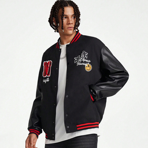 Veste de baseball pour homme avec patchwork de lettres, veste bomber noire à broderie personnalisée, poignets à rayures rouges, streetwear décontracté - Product Image 3