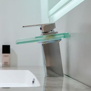 Grifo de Lavabo Monomando con Luz LED, 3 Colores Cambiantes, Caño de Vidrio en Cascada, Mezclador de Agua Fría y Caliente para Baño y Ducha - Product Image 2