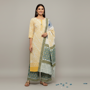 Traje Punjabi de Algodón Blanco con Estampado Floral Verde y Amarillo |   Conjunto Profesional Informal para Mujer con Estampado Artesanal de Alta Calidad - Product Image 5