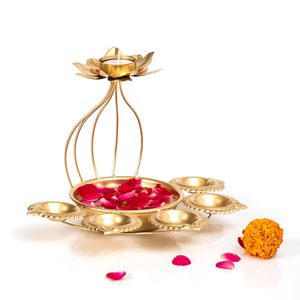 Support de bougie chauffe-plat en métal Lotus avec base en bol Urli, fait main, décoration Diya pour anniversaire, maison, bureau, cadeaux festifs - Product Image 6