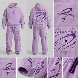 Ensemble de survêtement pour homme, violet, coupe oversize, en coton épais, avec sweat à capuche et pantalon de jogging, style streetwear, personnalisable avec marque privée - Product Image 4