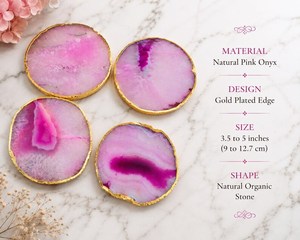 แผ่นรองแก้วหินออนิกซ์สีชมพูธรรมชาติขอบชุบทอง สำหรับตกแต่งบ้าน - Product Image 2