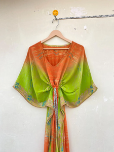 คาฟตันผ้าไหมอินเดียทำด้วยมือสีส้มและสีเขียว - Product Image 2