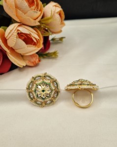 Handcrafted Kundan Floral Motif Big Studded Circular <b>Ring</b> Pearl Work <b>Adjustable</b> <b>Ring</b> For Women Imitation Jewellery Manufacturers - Product Image 5
