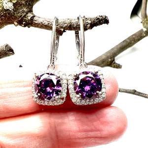Amethyst <b>Earrings</b> Sterling Silver 925 Hinged Design Platinum Plated Peace Shape Trendy NG-033 Model February Birthstone Handmade - Product Image 1