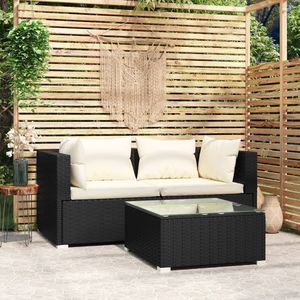 3 pezzi di mobili da giardino in Poly Rattan nero con cuscini - Product Image 1