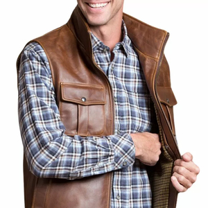 Chaleco de Cuero Marrón para Hombre, Cuello Alto, Cierre de Cremallera, Estilo Workwear, Ropa de Otoño, Corte Regular, con Bolsillos - Product Image 4