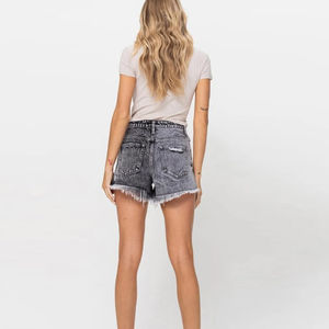 Shorts de mezclilla lavada para mujer, de cintura alta, ajustados, sexys, con bolsillos rasgados, agujeros, transpirables, básicos informales. - Product Image 2