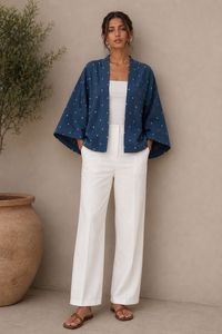 <b>Blue</b> Bandhani Print Quick Dry Full Sleeve Short <b>Shrug</b> for Spring Summer Winter - Product Image 1