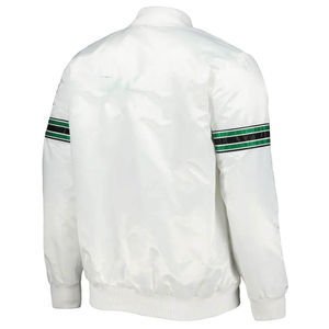 เสื้อแจ็คเก็ตบอมเบอร์สีขาวสำหรับผู้ชาย ลายทางสีเขียวและสีดำที่แขนเสื้อ ทรงปกติ ปกคอพับ ปิดด้วยซิป สไตล์ลำลอง - Product Image 1