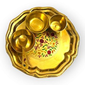 meenakari decorative thali indian brass utensils compact five inch size thali katori spoon glass traditional metal <b>dinnerware</b> - Product Image 2
