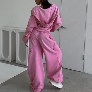 Women's Pink Hooded Sweatshirt & Wide Leg Pants Set 100% Cotton Loose Fit Casual All Seasons Knitted Two Piece Outfit Sets - Product Image 6