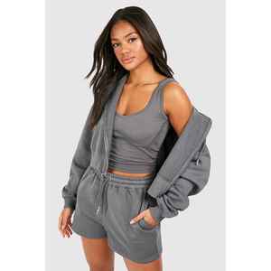 Conjunto Deportivo de Mujer en Color Gris Sólido, de Algodón, con Sudadera con Cremallera y Manga Larga, Pantalones Cortos, Estilo Casual, Transpirable, Holgado, para Otoño - Product Image 3