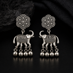 MOQ Available Oxidized Silver Animal Drop Earrings <b>Elephant</b> Motif Antique Silver Plated Indian Traditional Women Bulk Supplier - Product Image 4