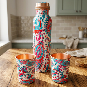Juego de Botella y Taza de Agua de Cobre con Diseño Floral Azul, Vajilla Portátil para Viajes - Product Image 5