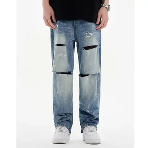 Men's Distressed Ripped <b>Denim</b> Pants Elastic Waist Straight Fit Street Style Cotton <b>Material</b> Spring Casual Wear - Product Image 1