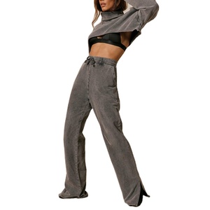 Sudaderas con capucha recortadas cortadas de dos piezas con estampado de logotipo personalizado, conjunto de chándal apilado acampanado con lavado ácido para mujer, 2026 - Product Image 1