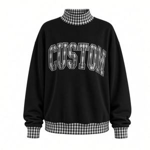 Custom Letter Print Turtleneck Sweatshirt <b>Women</b> <b>Black</b> Plaid Trim Knitted <b>Fleece</b> Pullover Autumn Style - Product Image 2