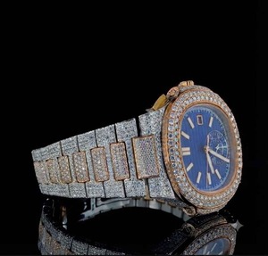 Montre chronographe mécanique de luxe pour hommes, cadran bleu de 43mm, lunette en diamant, bracelet en acier inoxydable, fermoir pliant - Product Image 2